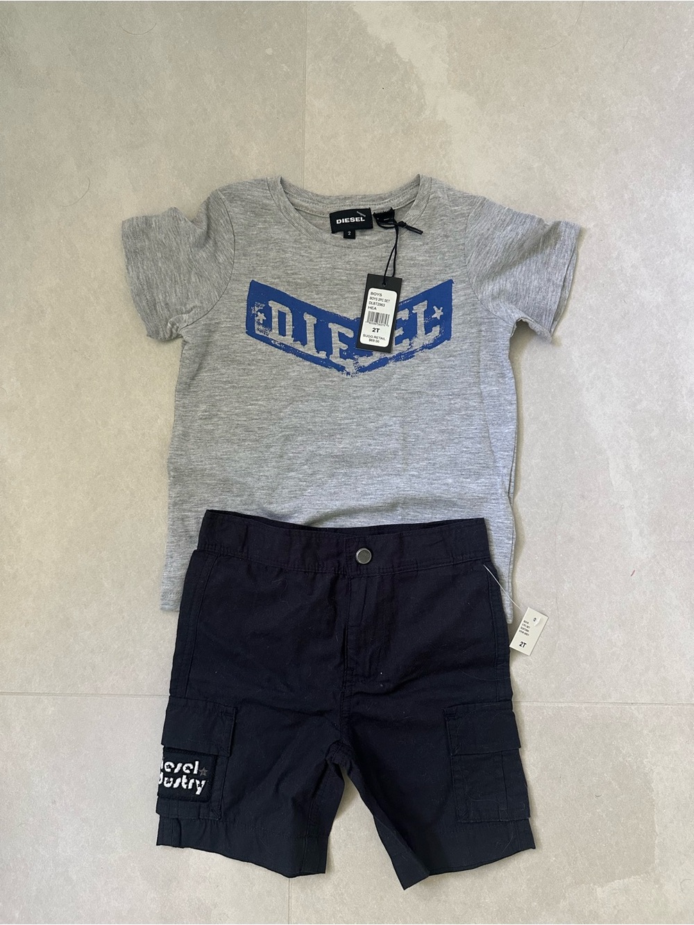 Diesel Gray Tee with Blue Logo & Navy Cargo Shorts